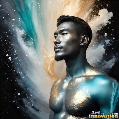 Turned in profile, a shirtless man standing in swirls of teal and gold powder smoke
