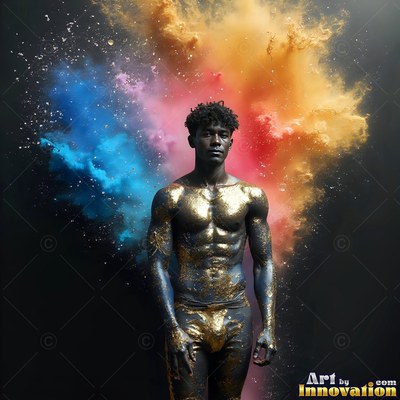 A shirtless man dusted with gold stands before a burst of blue and yellow powder