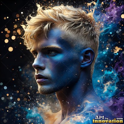Against a dark backdrop, a blond man looks aside with blue powder on his skin