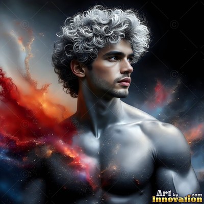 Looking aside, a shirtless man with silver hair stands in red and dark smoke