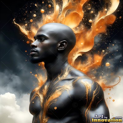 A shirtless Black man surrounded by swirling gold powder