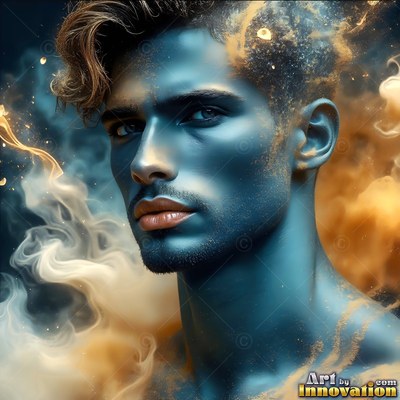Blue-tinted skin covers a shirtless man surrounded by swirling gold smoke