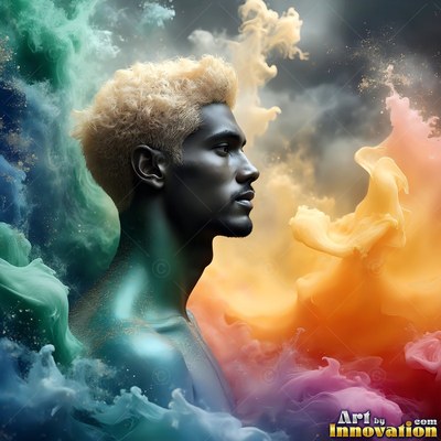 A shirtless man looks ahead in profile as clouds of teal and yellow powder swirl past
