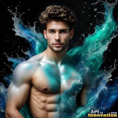 Facing forward against black, a shirtless man is splashed with blue water