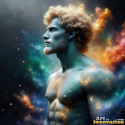 A shirtless man with blue skin looks up beside clouds of yellow smoke