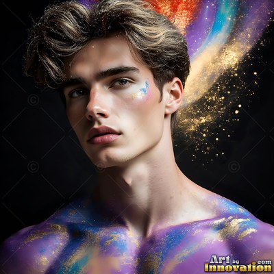 Against a dark background, a shirtless man is covered in purple and gold powder