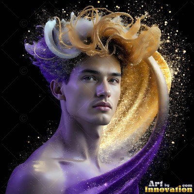Looking aside, a shirtless man is surrounded by sweeping swirls of gold and purple dust