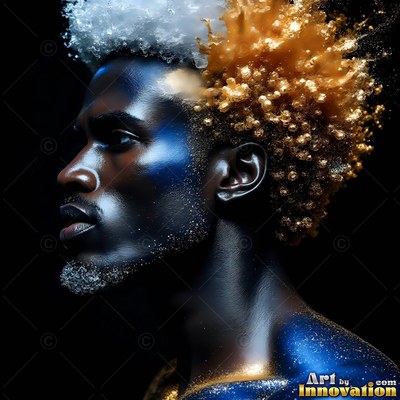 Profile of a man dusted with gold and white powder in his hair