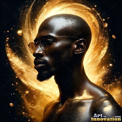 Round glasses on a shirtless Black man facing swirling gold powder on black