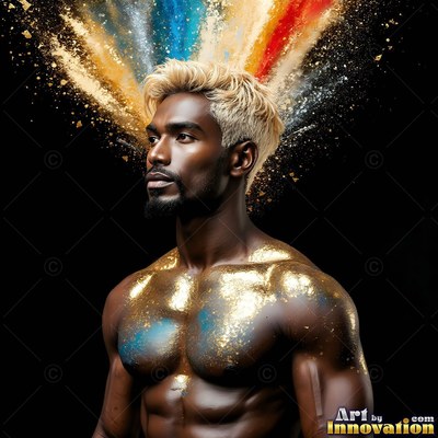 A bare-chested man stands looking sideways as gold and blue powder bursts behind his head