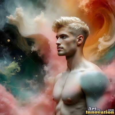 Turned in profile, a shirtless blond man stands in clouds of pastel smoke
