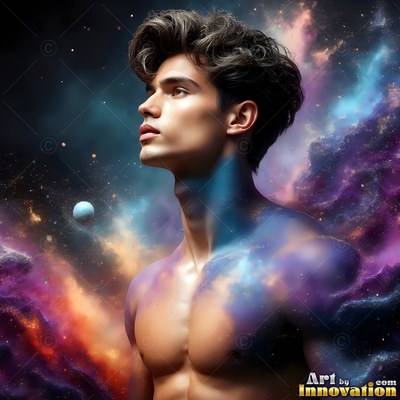 A shirtless young man looks up into purple and orange galaxy clouds
