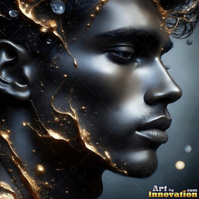 Facing sideways in profile, a dark-skinned man has gold liquid dripping down his neck