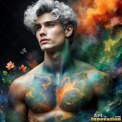 A shirtless man covered in green and orange powder smoke