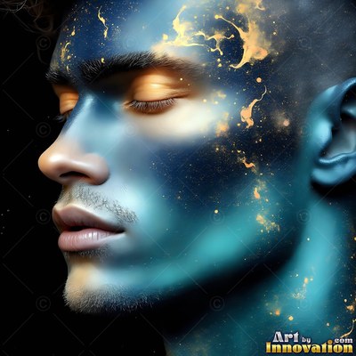 Splashes of gold powder cover a sleeping man's blue face against a black background