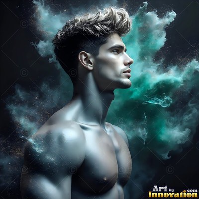 A shirtless man faces right as soft turquoise smoke drifts around his shoulders