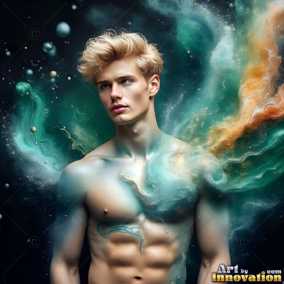 Facing forward against dark space, a shirtless man surrounded by teal and orange smoke