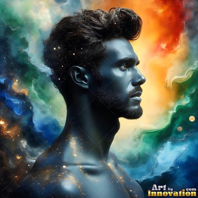 A bearded man with dark skin looks sideways in front of colorful smoke clouds