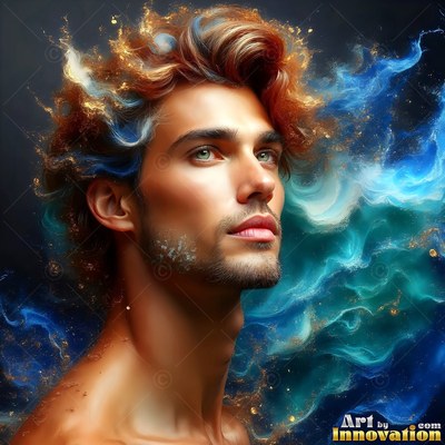 Against black space, a shirtless man gazes up through swirling blue smoke