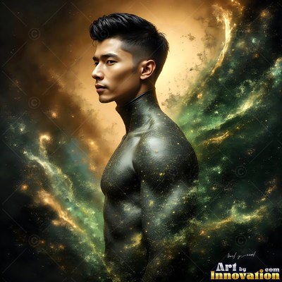 Looking aside, a shirtless man is standing in swirls of green and gold smoke powder