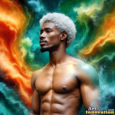 Shirtless man with white hair against orange and teal clouds