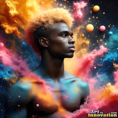 Bl onde textured hair on a shirtless man looking sideways in bright orange and pink smoke dust