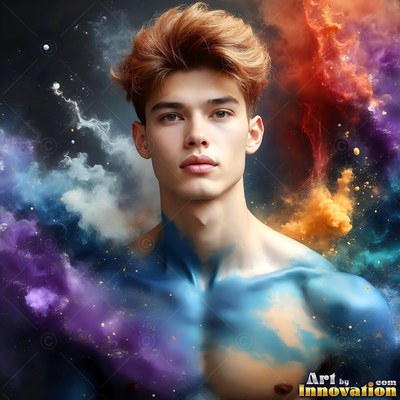 A shirtless man stares forward as blue paint covers his chest beside clouds of orange powder