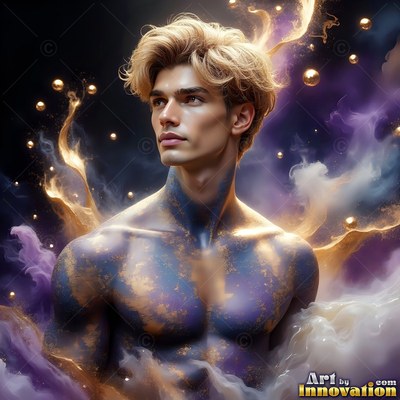 Chest turned slightly, a shirtless man stands in purple smoke with gold dust