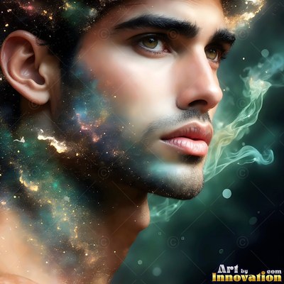 A close-up of a man's face framed by swirling blue and gold smoke