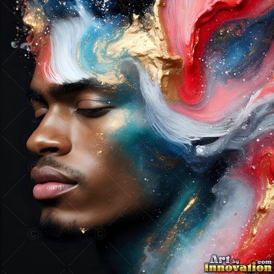 Closing his eyes, a Black man rests as red and gold powder swirls across his face