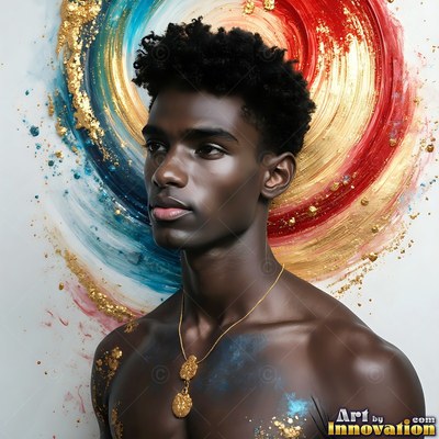Shirtless Black man posing in front of a swirl of red and gold paint