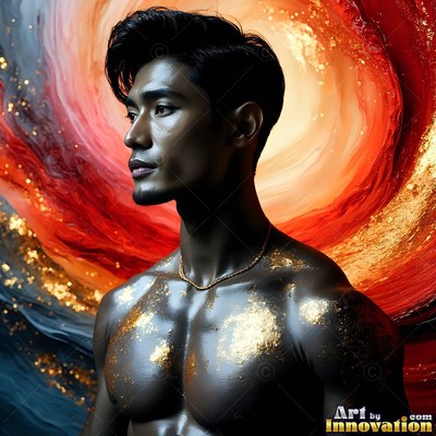 Gold dust on his bare chest, a shirtless man turns beside swirling red smoke