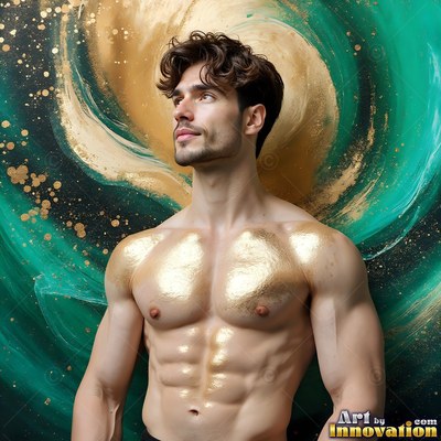 A shirtless man looks up with bright gold powder dusted across his chest and shoulders