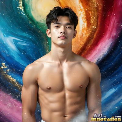 Facing forward in swirls of blue and gold smoke, a shirtless man looks ahead