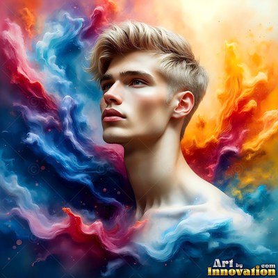 A blond shirtless man looks up while surrounded by blue and orange smoke clouds