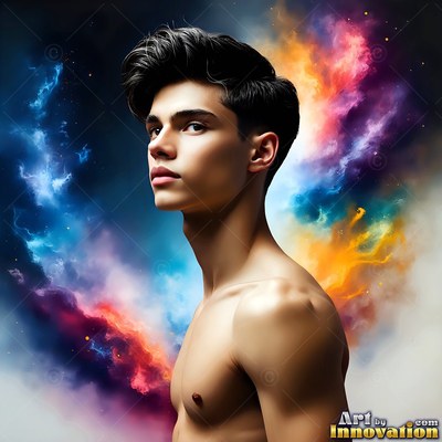 Against clouds of blue and orange powder, a shirtless young man turns his head