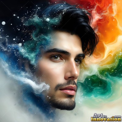 Looking sideways, a dark-haired man fades into swirling blue and orange smoke