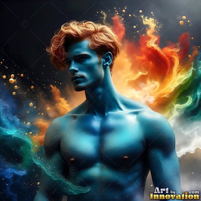 Shirtless blue man with red hair against colored powder clouds