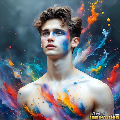 Blue paint brushed on his cheek, a man without a shirt stands before dark clouds of orange powder