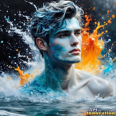 A shirtless man rises from churning water as orange and blue splashes burst around him