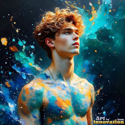 Facing sideways, a shirtless man standing in blue and orange smoke against black