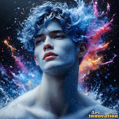 A shirtless man with blue hair looks up as pink and blue powder bursts around him