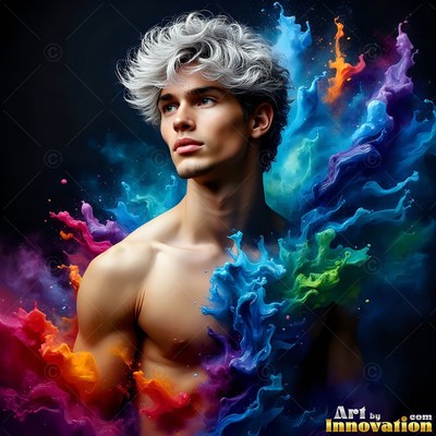 Against a dark background, a shirtless man turns beside colorful splashes