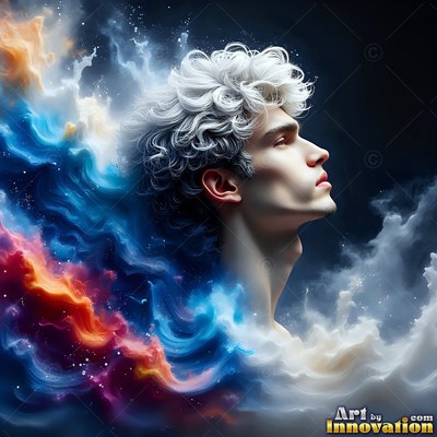 Looking upward, a man with curly white hair blends into swirls of blue and orange clouds