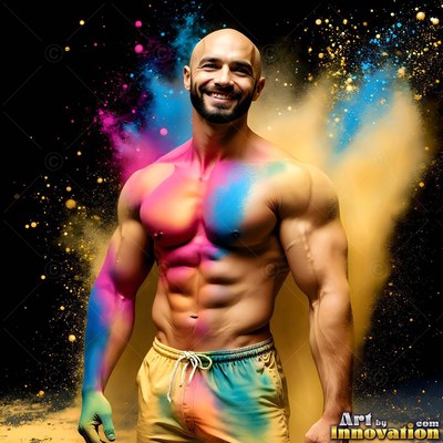 Smiling muscular shirtless man covered in pink and yellow powder