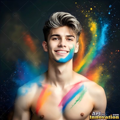 Blue paint on his jaw, a man with no shirt smiling stands in front of yellow and blue powder clouds