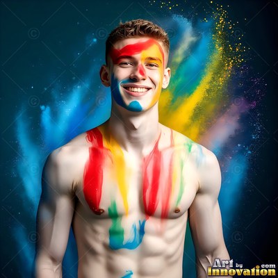 A shirtless man smiles with paint on his chest as yellow and blue powder drifts behind him