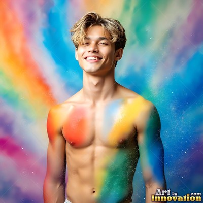 Facing forward, a smiling shirtless man stands before a swirl of rainbow powder