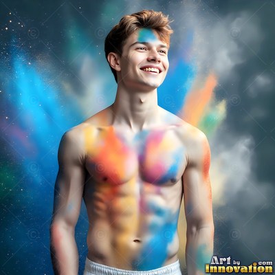 In front of blue and orange powder, a smiling shirtless man looks up