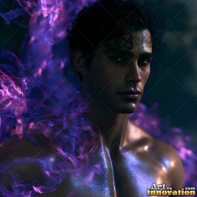 Gazing ahead, a shirtless man is surrounded by thick purple and pink smoke